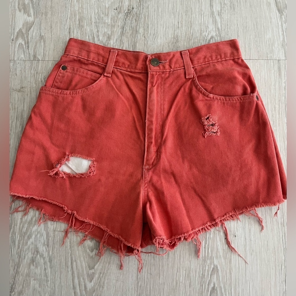 Shorts Vintage 90s Denim Cutoff Hunt Club Coral Ripped Raw Hem High Waist 3/4 - Picture 7 of 7